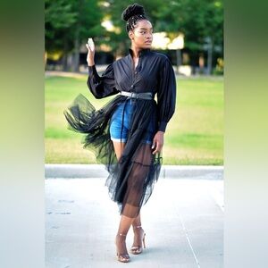 Ladies gothic black tulle dress coat tunic top layer skirt street wear